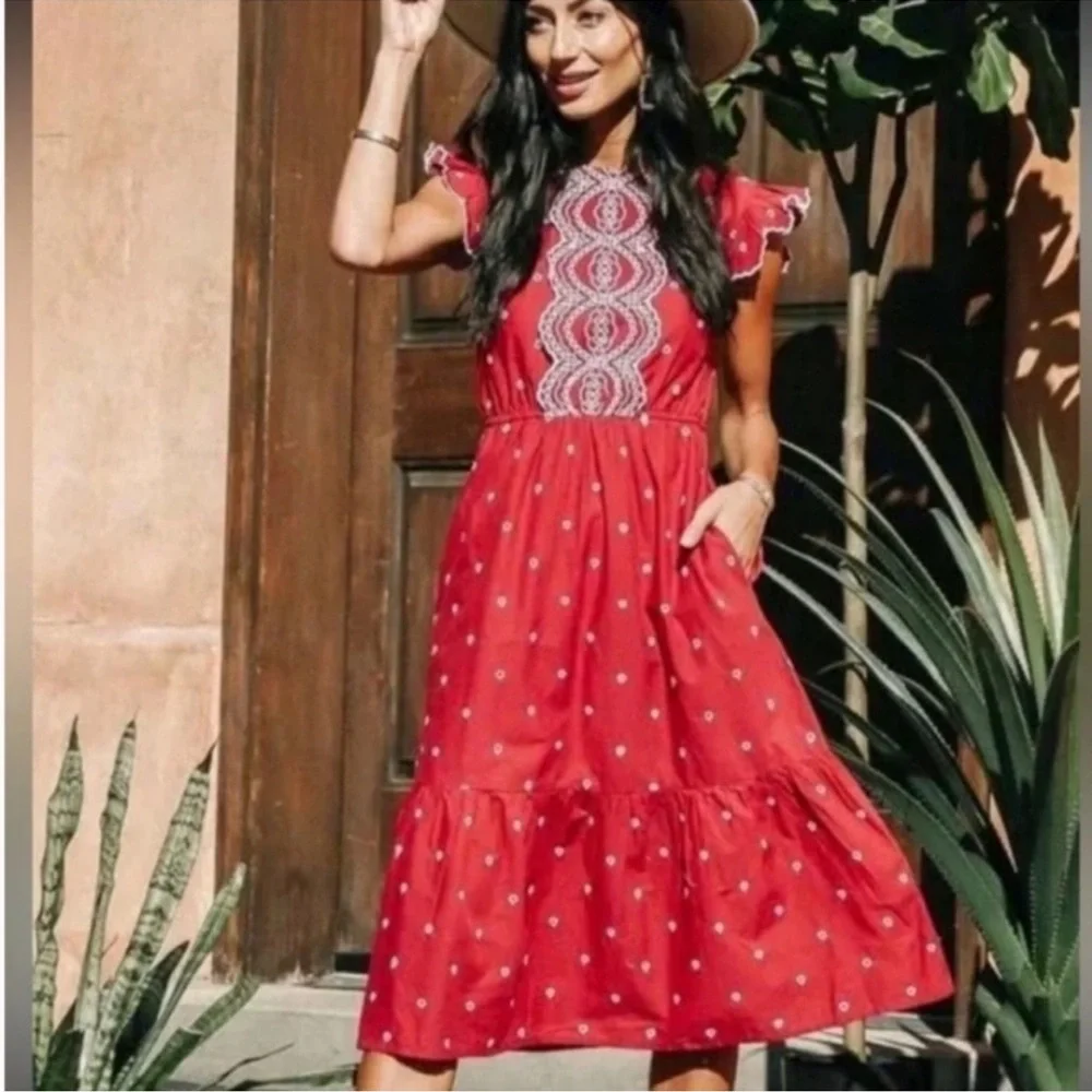 Bomhe Red Embroidered Midi Dress